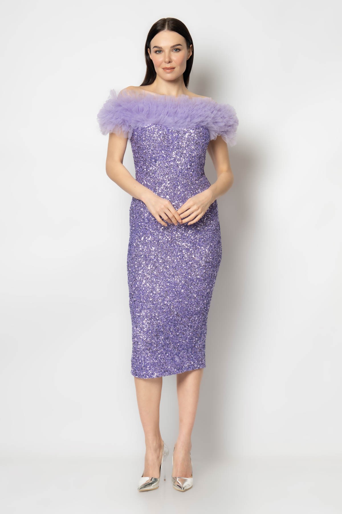 Robası tülden fırfırlı straplez payet abiye elbise - Lila