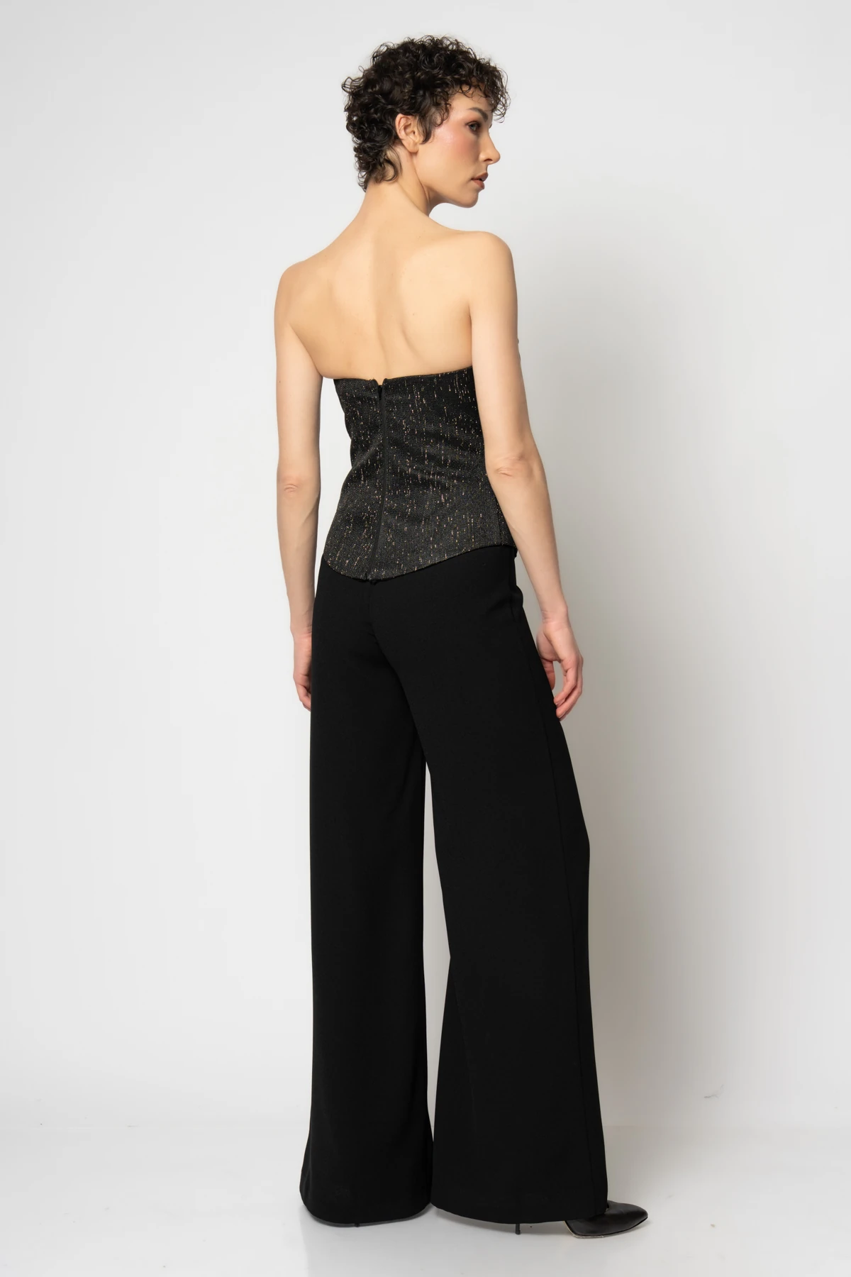 Korsajı deri çiçekli simli büstiyer krep pantolon abiye takım - Siyah