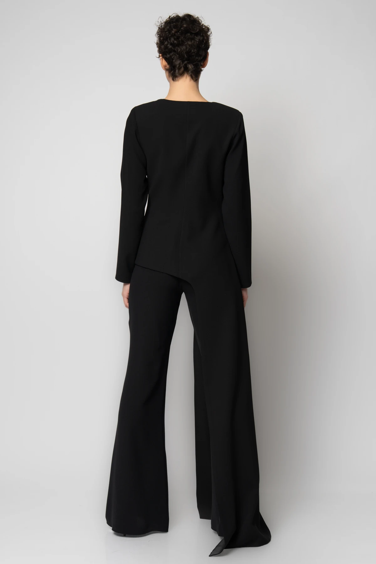 Tek taraftan uzun ceketli pantolon krep abiye takım - Siyah