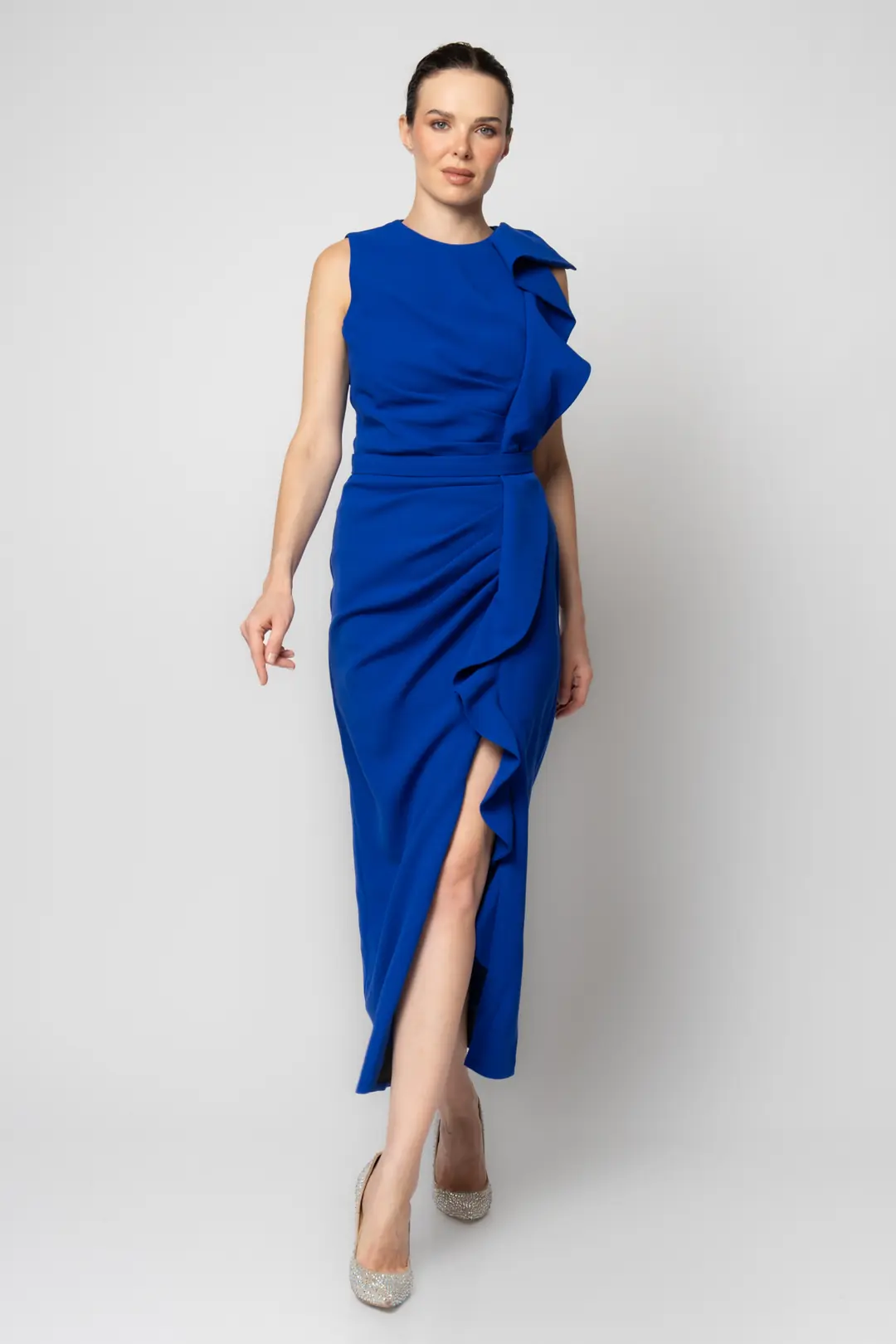 RENGIN branded Crepe Evening Dress with Tiered Pleats and Ruffle Detail ...