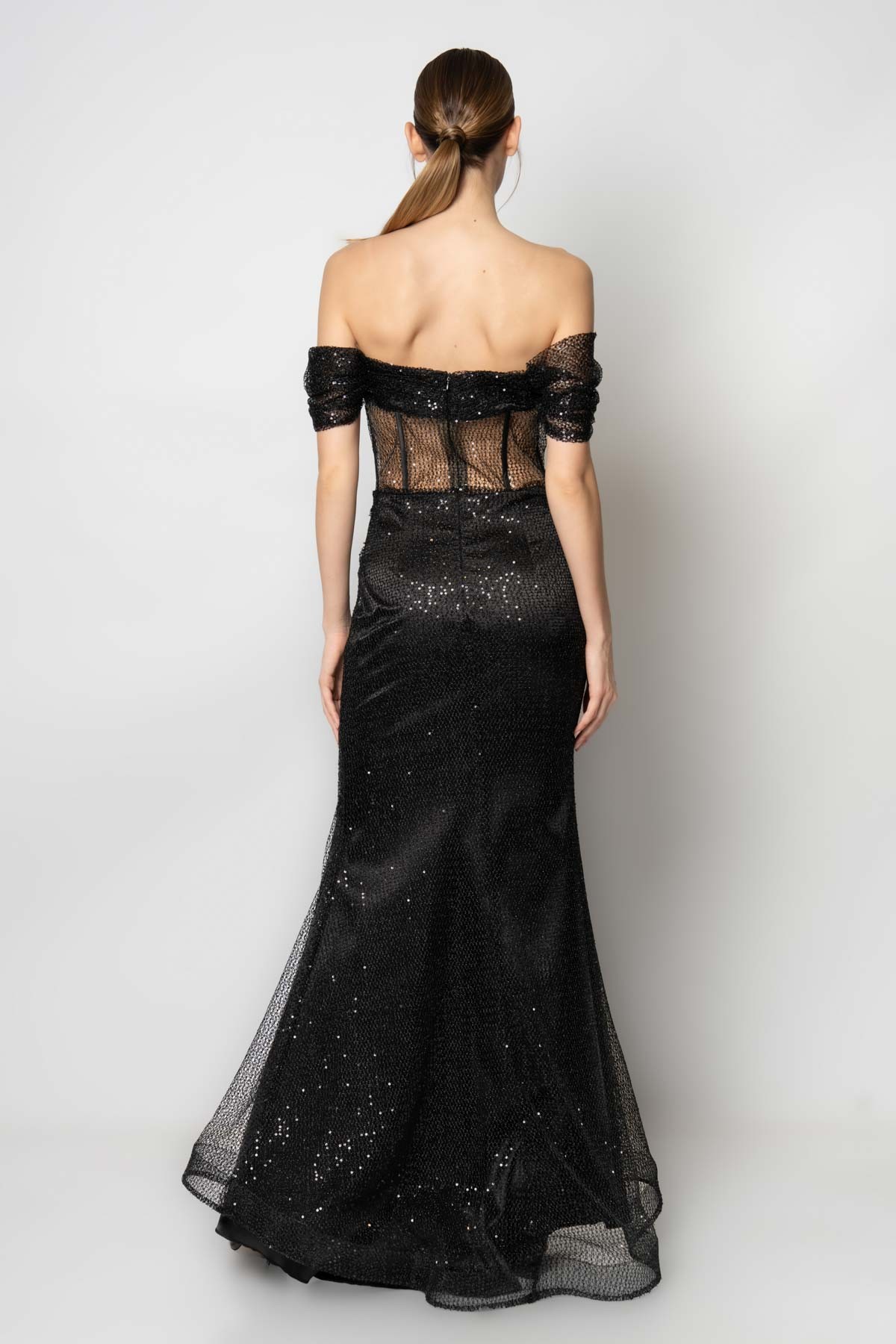 Göğsü balenli pileli beli transparan file payet abiye elbise - Siyah