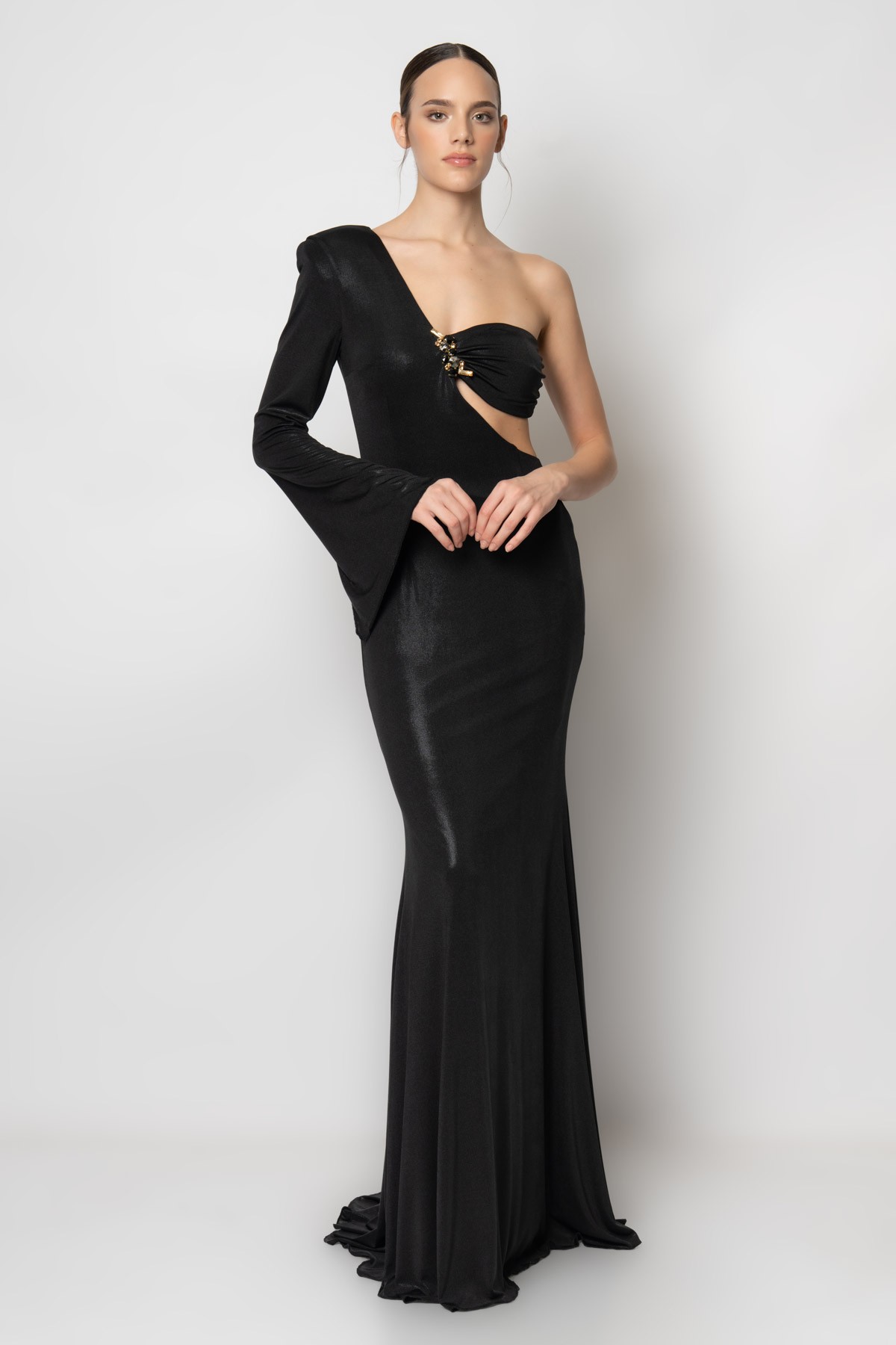 Tek taraftan büstiyerli göğüs ortası aksesuarlı simli örme abiye elbise - Siyah