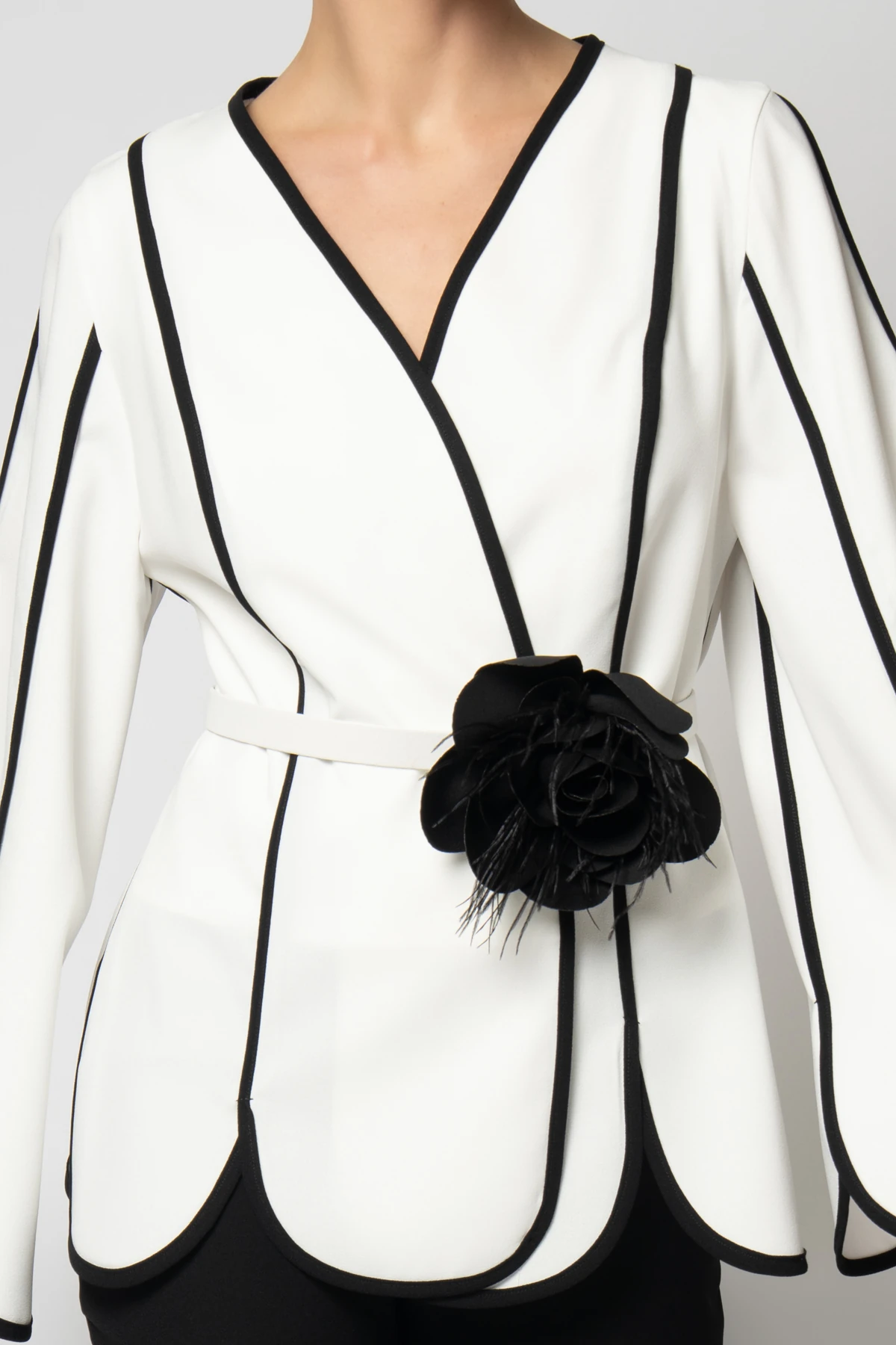 Dilim ceketli belinden çiçekli krep ikili abiye takım - Ekru