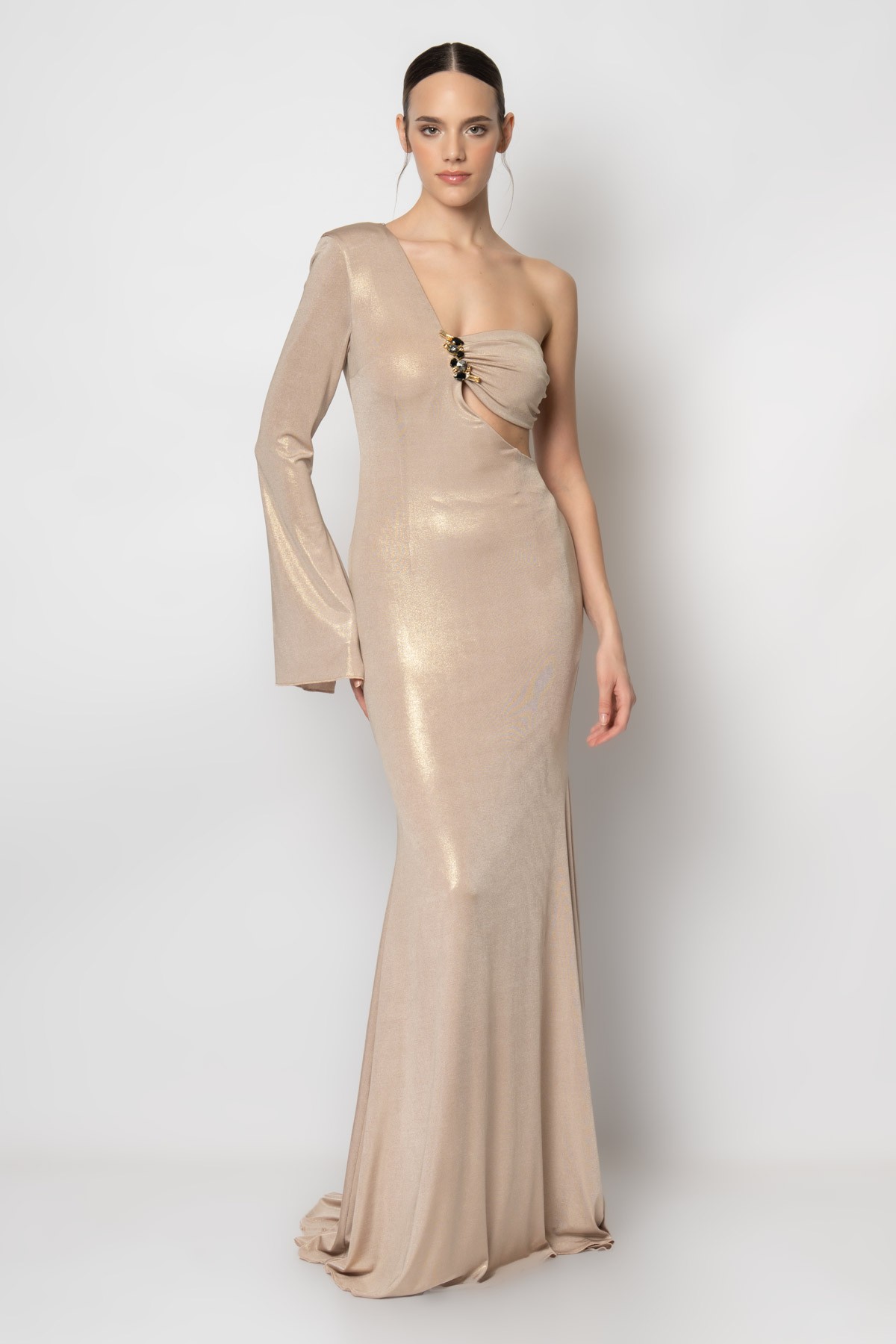 Tek taraftan büstiyerli göğüs ortası aksesuarlı simli örme abiye elbise - Gold