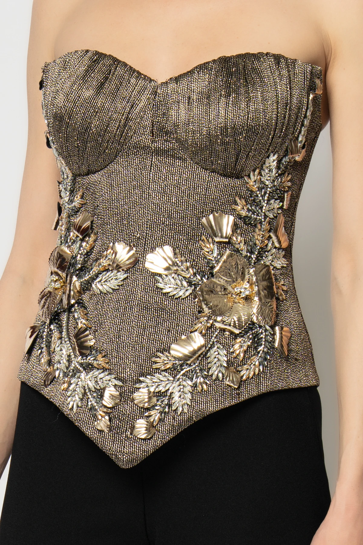 Korsajı deri çiçekli simli büstiyer krep pantolon abiye takım - Gold