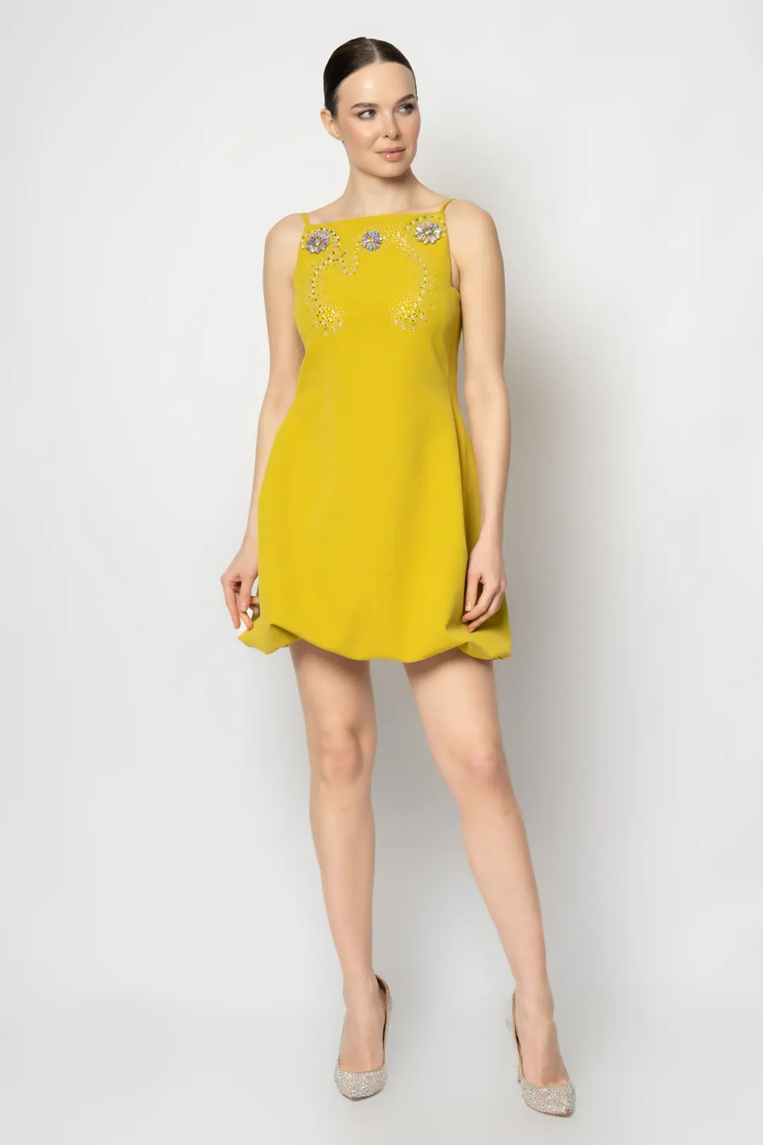 RENGIN branded Crepe Evening Dress with Crystal Yoke, Thin Straps and ...