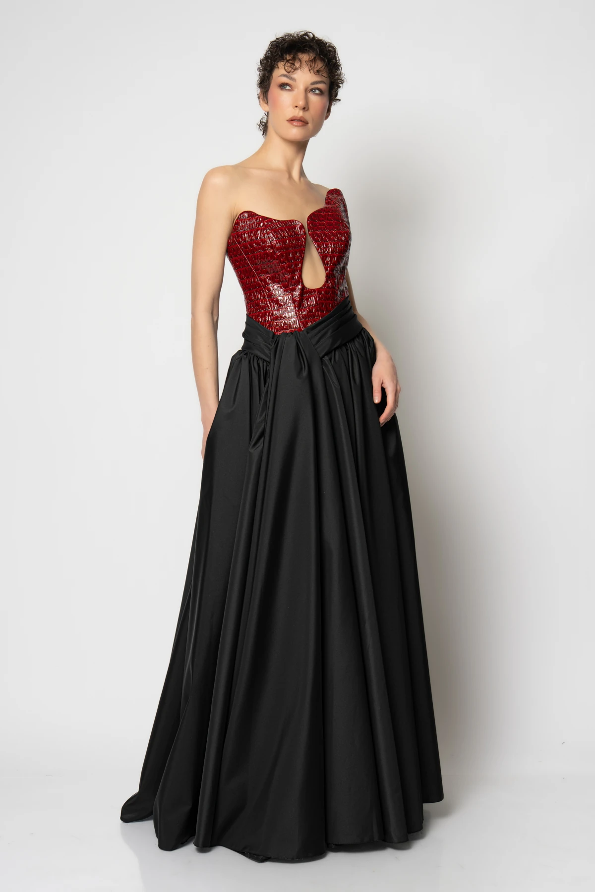 Deri büstiyerli belden parça detaylı tafta etekli abiye elbise - Bordo