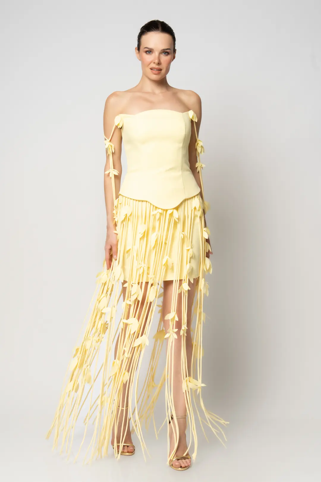 RENGIN branded Fringed Hem Scattered Floral Crepe Evening Dress ...