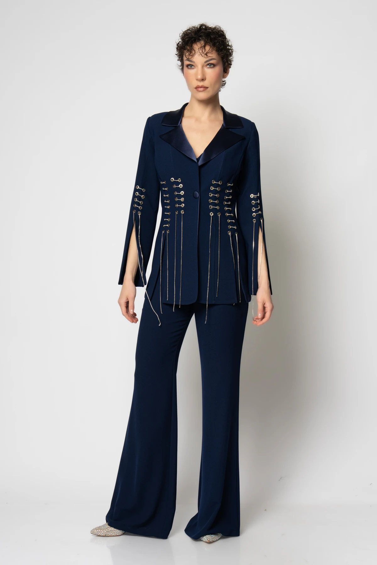 Kuş gözlü detaylı krep ceket krop pantolon üçlü abiye takım - Lacivert