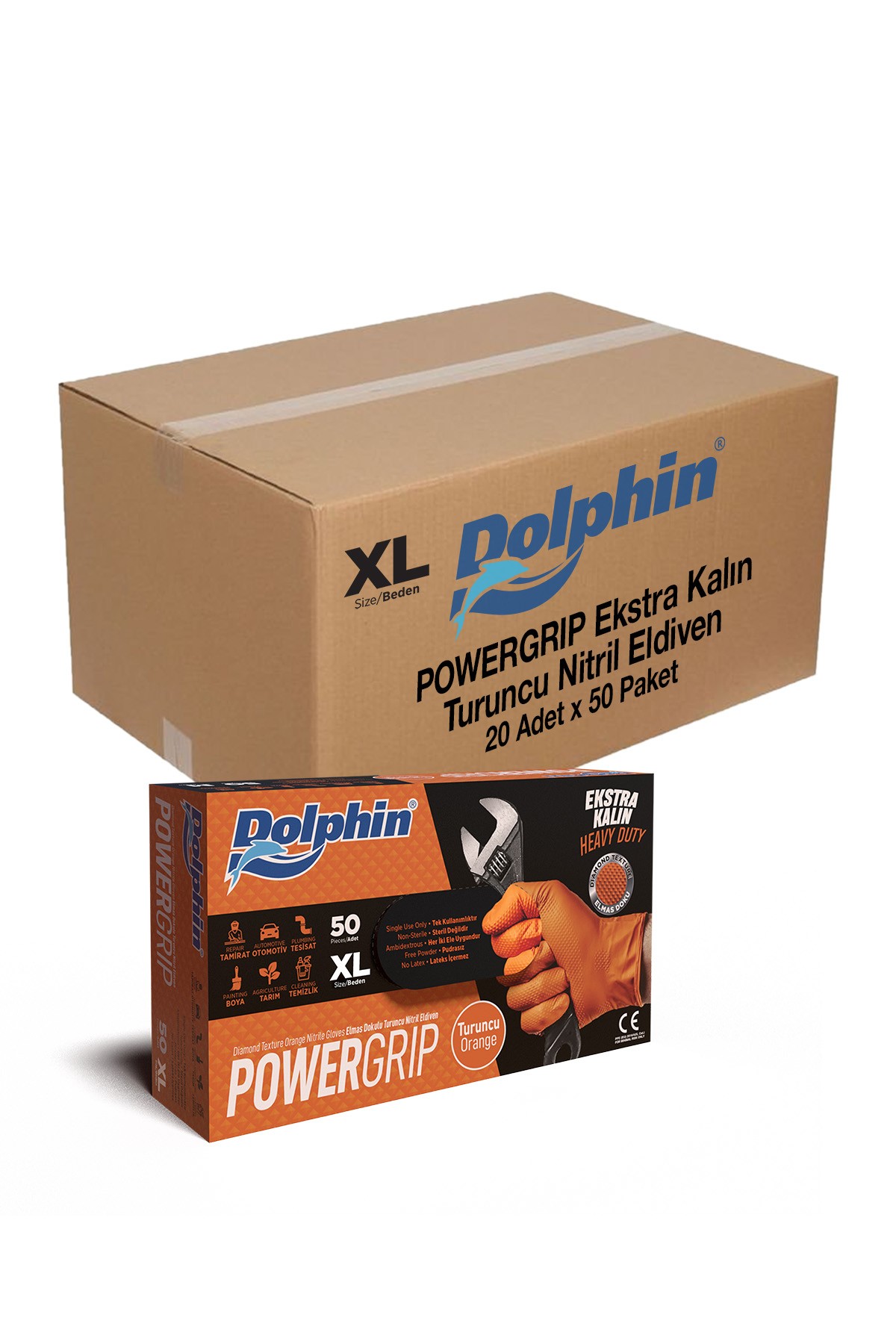 Dolphin PowerGrip Ekstra Kalın Turuncu Nitril Eldiven Elmas Dokulu 50'li Paket