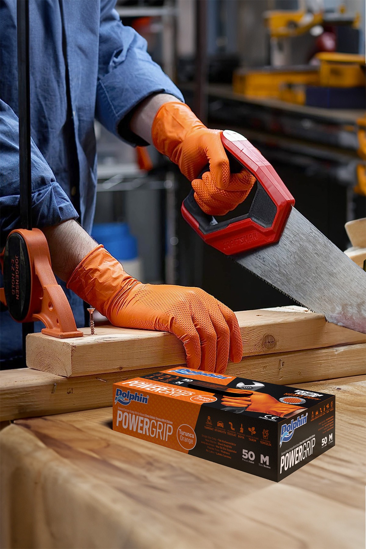 Dolphin PowerGrip Ekstra Kalın Turuncu Nitril Eldiven Elmas Dokulu 50'li Paket
