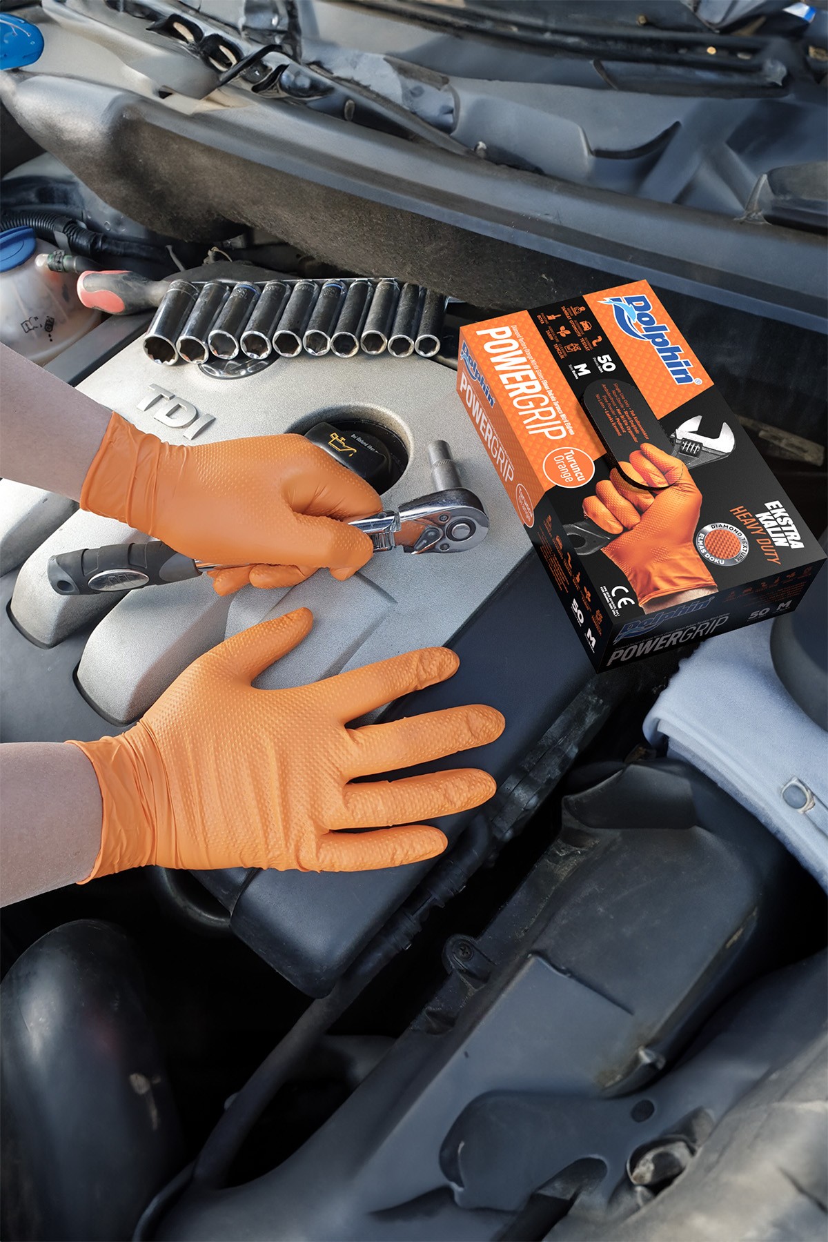 Dolphin PowerGrip Ekstra Kalın Turuncu Nitril Eldiven Elmas Dokulu 50'li Paket