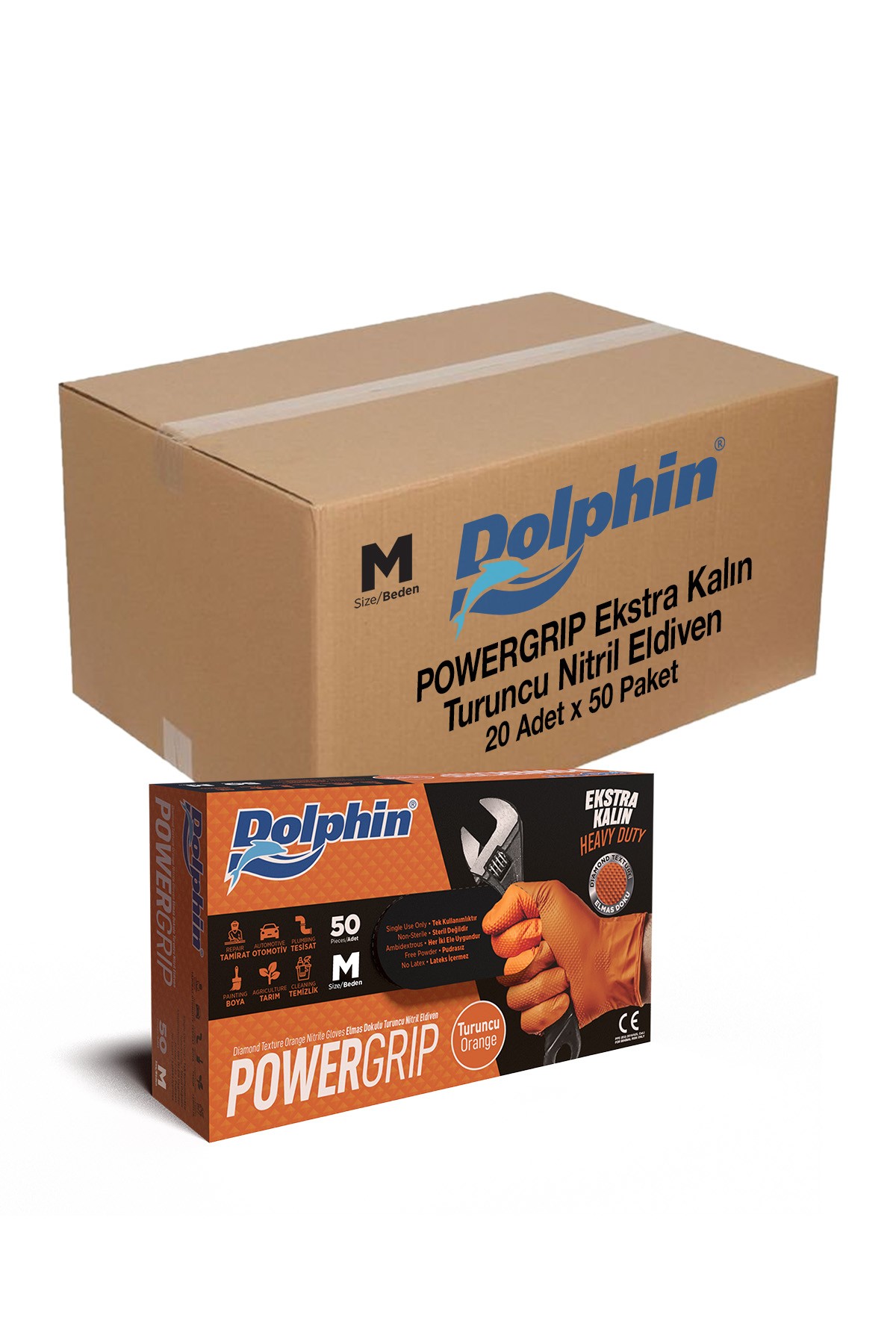 Dolphin PowerGrip Ekstra Kalın Turuncu Nitril Eldiven Elmas Dokulu 50'li Paket