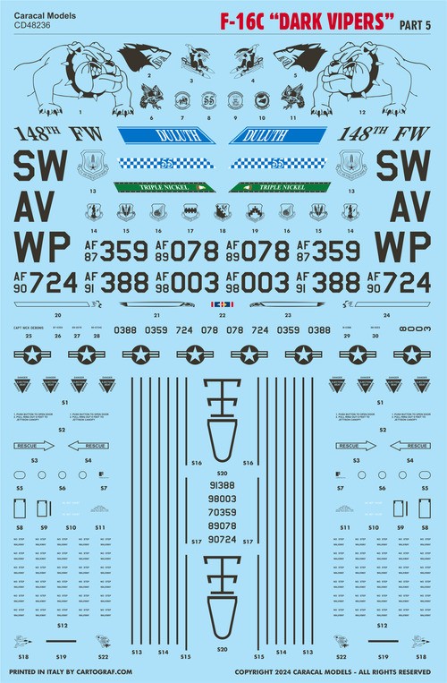CARACAL MODELS 48236 1/48 F-16C "Dark Vipers" Part 5 SAVAŞ UÇAĞI MAKETİ İÇİN DEKAL SETİ