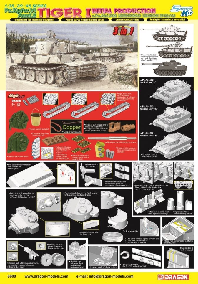 DRAGON 6600 1/35 Pz.Kpfw.VI Ausf.E TIGER I INITIAL PRODUCTION s.Pz.Abt.502 LENINGRAD REGION 1942/3 (SMART KIT) İKİNCİ DÜNYA SAVAŞI ALMAN TANKI MAKETİ