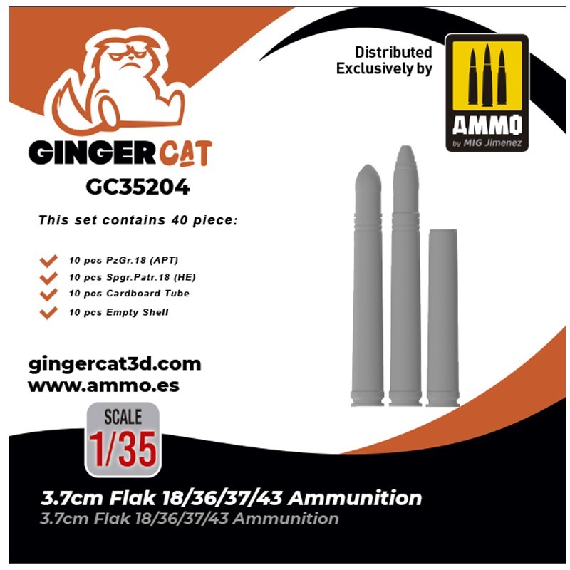 Ginger Cat 35204 1/35 3.7cm Flak18/36/37/43 Ammunition (40pcs) Reçine Detay Seti