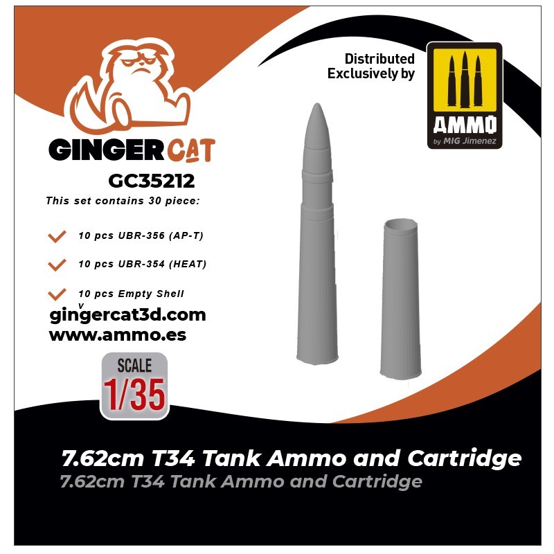 Ginger Cat 35212 1/35 7.62cm T34 Tank Ammo and Cartridge (30pcs) Reçine Detay Seti
