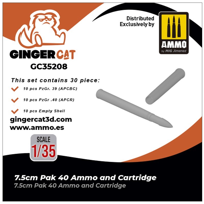 Ginger Cat 35208 1/35 7.5cm Pak40 Ammo and Cartridge (30pcs) Reçine Detay Seti