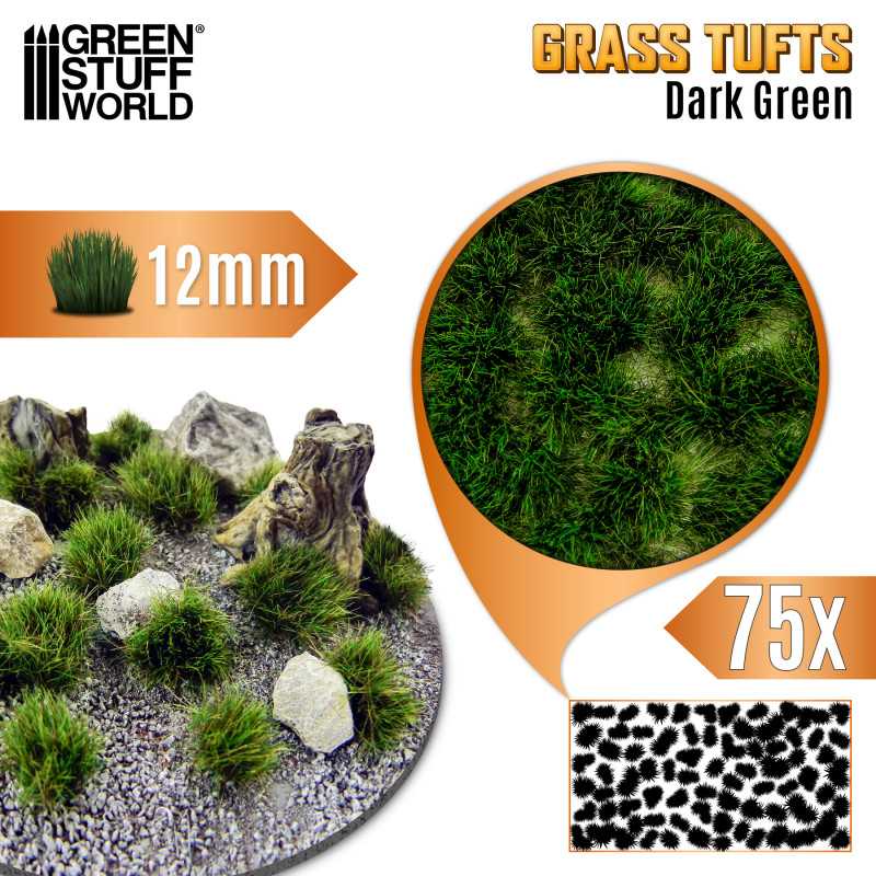 GREEN STUFF WORLD 12938 Grass TUFTS 12mm self-adhesive DARK GREEN - 12MM KOYU YEŞİL ÇİM ÖBEĞİ