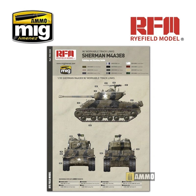 RYE FIELD MODELS 5028 1/35 SHERMAN M4A3E8 W/ WORKABLE TRACK LINKS TANK MAKETİ