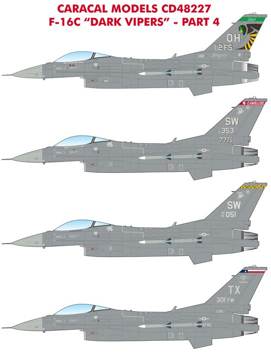 CARACAL MODELS 48227  1/48 F-16C "Dark Vipers" Part 4 SAVAŞ UÇAĞI MAKETİ İÇİN DEKAL SETİ