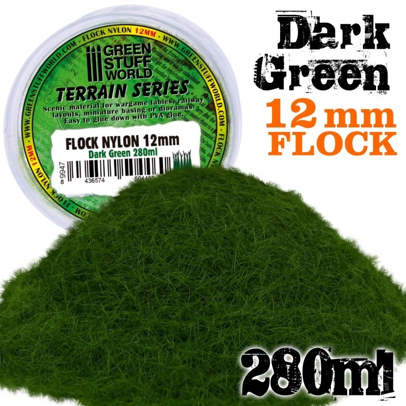 GREEN STUFF WORLD 9947 Static Grass Flock 12mm - Dark Green - 280 ml