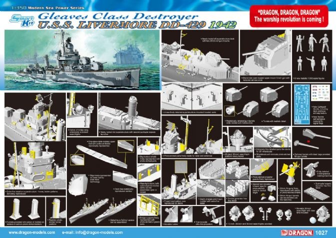 DRAGON 1027 1/350 U.S.S. LIVERMORE DD-429 GLEAVES CLASS DESTROYER 1942 (SMART KIT) İKİNCİ DÜNYA SAVAŞI AMERİKAN GEMİSİ MAKETİ