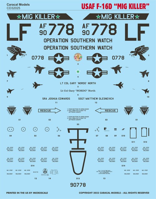 CARACAL MODELS 32025 1/32 USAF F-16D "MiG Killer" SAVAŞ UÇAĞI MAKETİ İÇİN DEKAL SETİ 