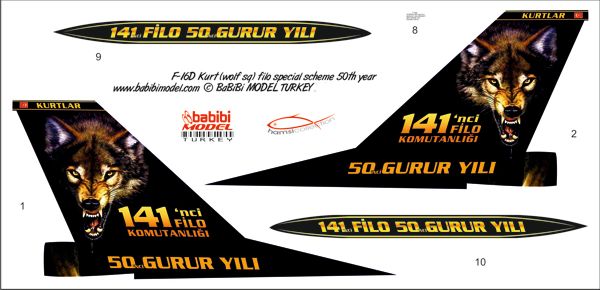 BABİBİ MODEL DBT-01259 1/48 TÜRK HAVA KUVVETLERİ F-16 D 141 KURT FİLO ÖZEL TASARIM KUYRUK DEKAL SETİ