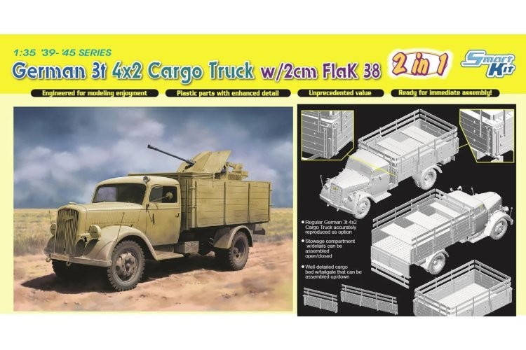 DRAGON 6828 1/35 GERMAN 3t 4X2 CARGO TRUCK w/2cm FlaK 38 (SMART KIT) (2 IN 1) İKİNCİ DÜNYA SAVAŞI ALMAN KAMYONU MAKETİ