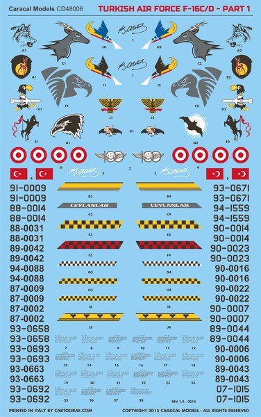 CARACAL MODELS 48006 TÜRK HAVA KUVVETLERİ BÖLÜM 1 F-16 C/D SAVAŞ UÇAĞI MAKETİ İÇİN DEKAL SETİ