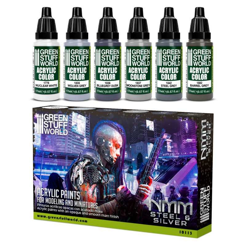 GREEN STUFF WORLD 10113 Paint Set - NMM Steel and SILVER METALİK OLMAYAN RENKLERLE ÇELİK VE GÜMÜŞ BOYAMA SETİ