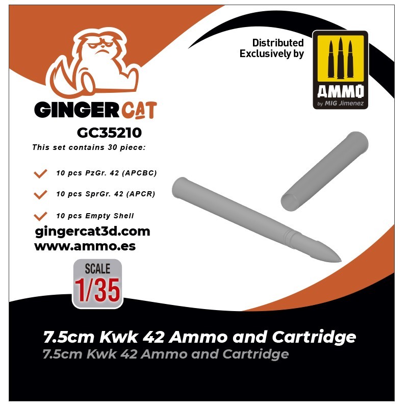 Ginger Cat 35210 1/35 7.5cm KWK42 Ammo and Cartridge (30pcs) Reçine Detay Seti