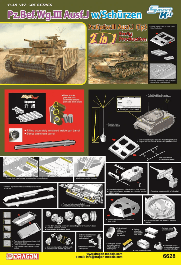 DRAGON 6628 1/35 Pz.Bef.Wg.III Ausf.J w/SCHÜRZEN (2 IN 1) İKİNCİ DÜNYA SAVAŞI ALMAN TANKI MAKETİ