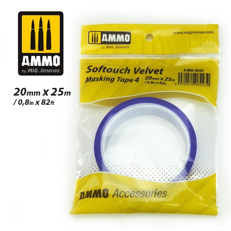 AMMO MIG 8243 SOFTOUCH VELVET MASKING TAPE 4 (20mm X 25M) YUMUŞAK KADİFE DOKULU MASKELEME BANTI