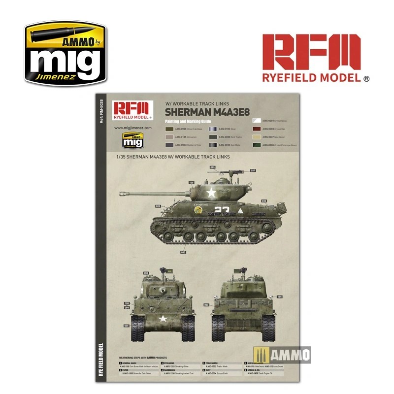 RYE FIELD MODELS 5028 1/35 SHERMAN M4A3E8 W/ WORKABLE TRACK LINKS TANK MAKETİ