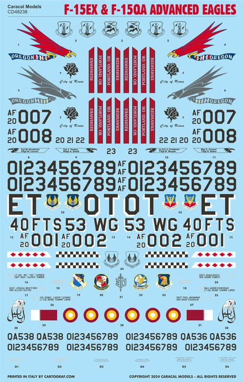 CARACAL MODELS 48238 1/48 F-15EX & F-15QA Advanced Eagles SAVAŞ UÇAĞI MAKETİ İÇİN DEKAL SETİ