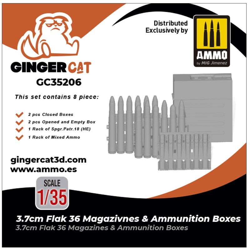 Ginger Cat 35206 1/35 3.7cm Flak36 Magazines & Ammunition Boxes (8pcs) Reçine Detay Seti
