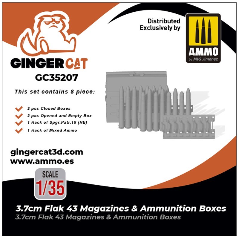 Ginger Cat 35207 1/35 3.7cm Flak43 Magazines & Ammunition Boxes (8pcs) Reçine Detay Seti