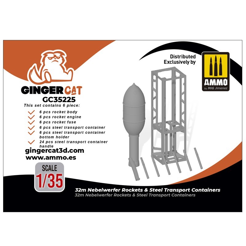 Ginger Cat 35225 1/35 32cm Nebelwerfer Rockets & Steel Transport Containers (6pcs) Reçine Detay Seti