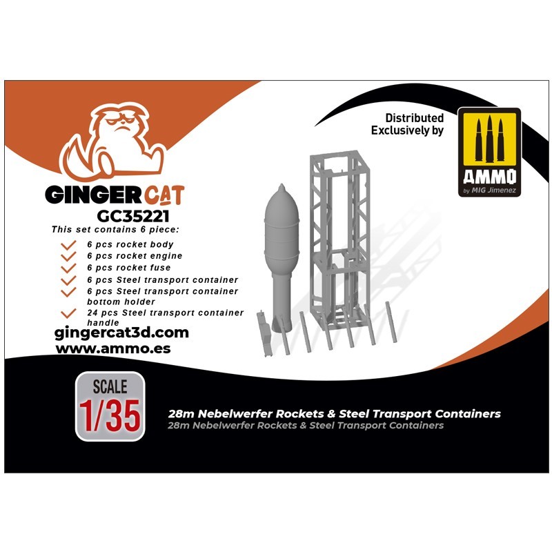 Ginger Cat 35221 1/35 28m Nebelwerfer Rockets & Steel Transport Containers (6pcs) Reçine Detay Seti