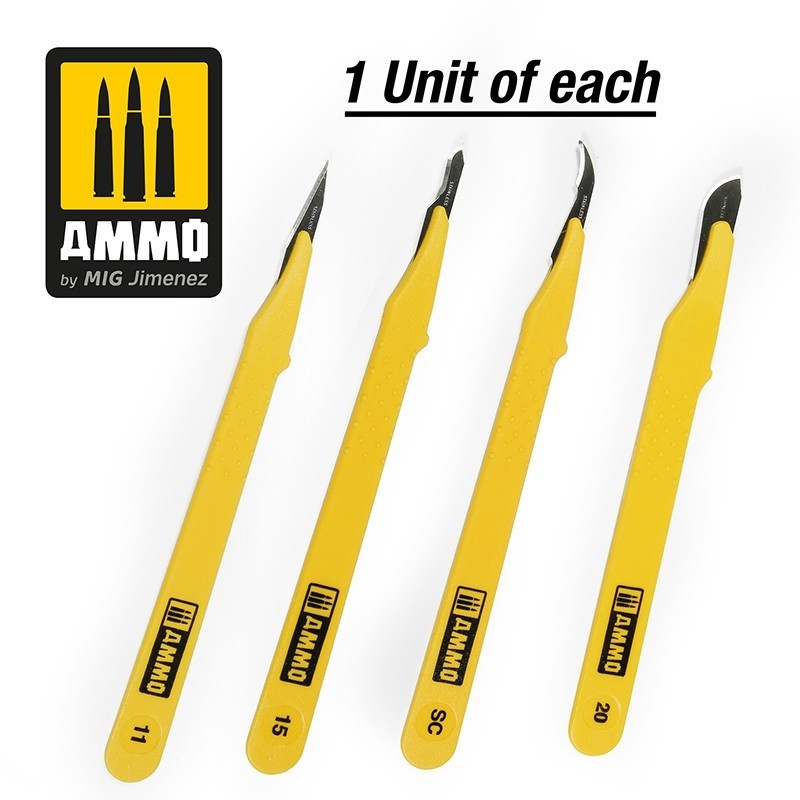 AMMO MIG 8696 Standard Blade Set - 4 pcs. (1 Standard Blade Straight + 1 Blade Curved + 1 Blade Ripper + 1 Blade Curved Large) BIÇAK SETİ