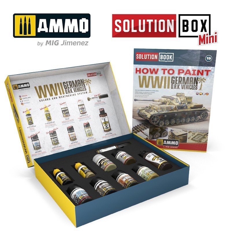 AMMO MIG 7902 SOLUTION BOX MINI 19 - WWII German D.A.K. Vehicles - WW2 Alman Afrika Araçları Çözüm Seti