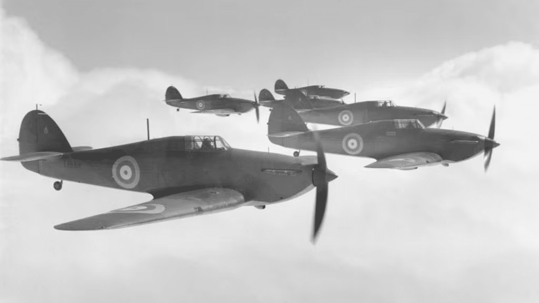 Hawker Hurricanes also flew at sea. These six Hurricanes were part of the Royal Navy’s Fleet Air Arm, operating from British aircraft carriers.
