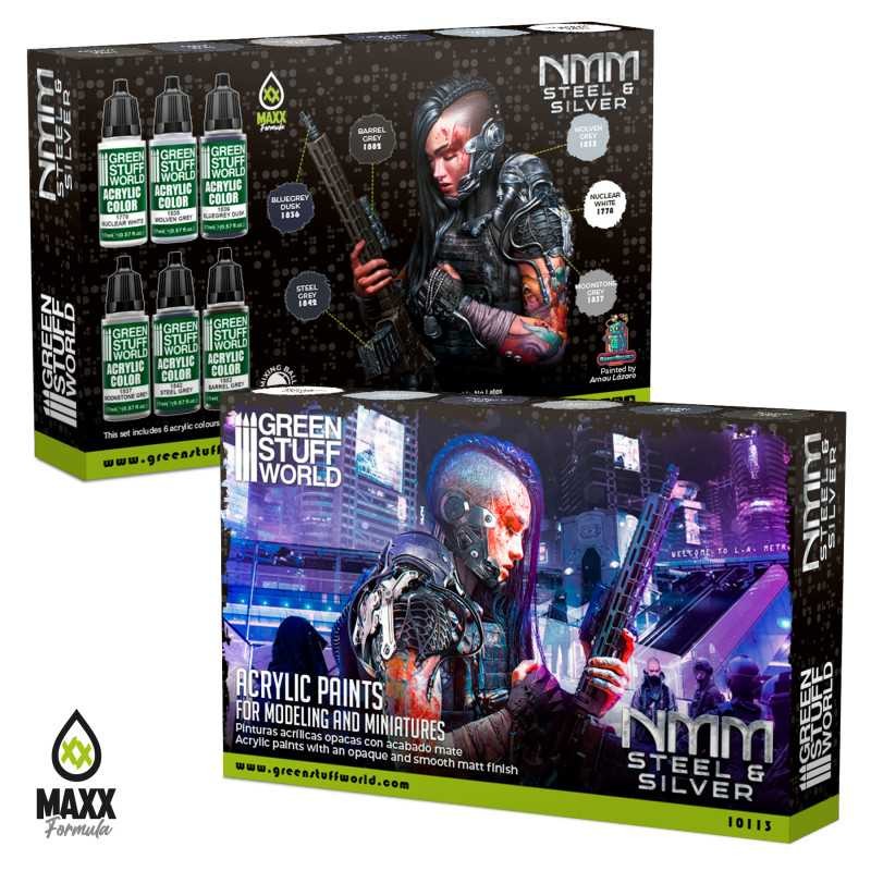 GREEN STUFF WORLD 10113 Paint Set - NMM Steel and SILVER METALİK OLMAYAN RENKLERLE ÇELİK VE GÜMÜŞ BOYAMA SETİ