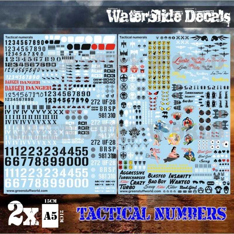 GREEN STUFF WORLD DECALS 2040 Tactical Numerals and Pinups - TATİK RAKAMLAR VE PİN UP ISLAK ÇIKARMA SETİ