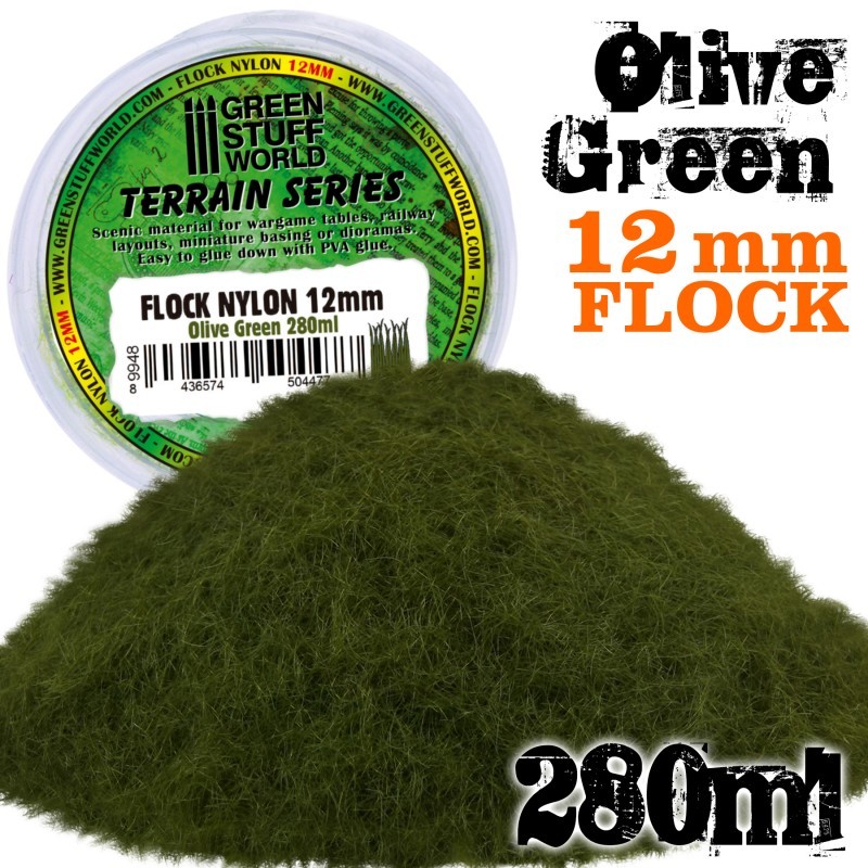 GREEN STUFF WORLD 9948 Static Grass Flock 12mm Olive Green 280 ml - 12 MM ZEYTİN YEŞİLİ STATİK ÇİM