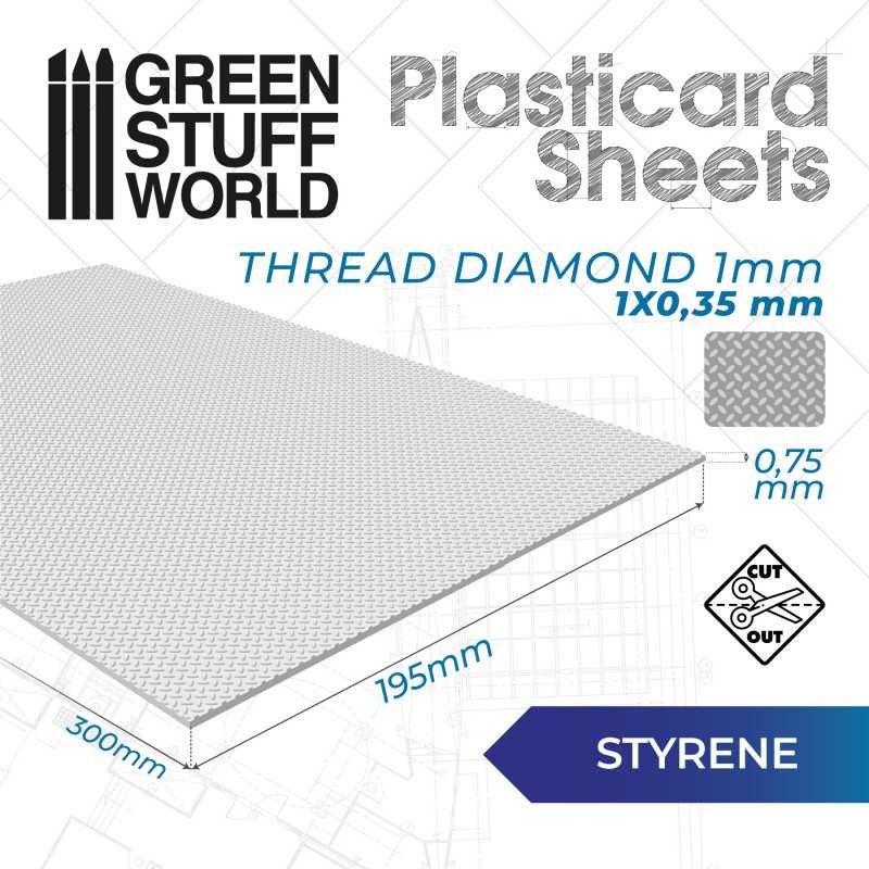 GREEN STUFF WORLD 1646 Plasticard Thread DIAMOND Textured Sheet 1mm - 1 mm Elmas Yüzey Plastik Levha