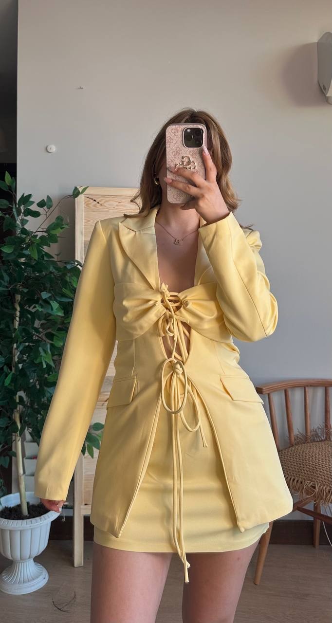 Bağcıklı Blazer Ceket Etek Takım - Sarı