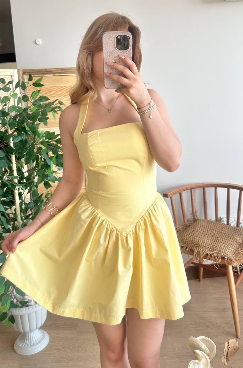 Boyundan Bağlamalı Mini Elbise - Sarı